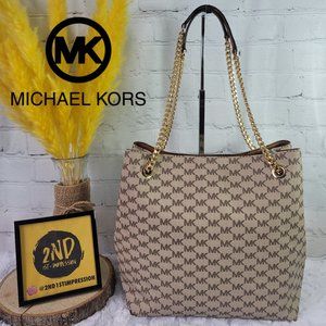 Michael Kors Jet Set Chain Large Signature Tote Khaki/Brown Coated Canvas Bag